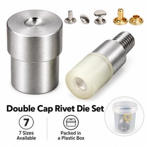 May include: A double cap rivet die set featuring a cylindrical metal tool, a threaded metal tool with a white plastic tip, and various metal rivet components. The text reads Double Cap Rivet Die Set, 7 Sizes Available, and Packed in a Plastic Box.