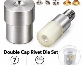 May include: A double cap rivet die set featuring a cylindrical metal tool, a threaded metal tool with a white plastic tip, and various metal rivet components. The text reads Double Cap Rivet Die Set, 7 Sizes Available, and Packed in a Plastic Box.