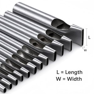 May include: A set of silver-colored, hollow metal punches with rectangular cutting ends. The tools are arranged in a diagonal row, with the text "L = Length W = Width" in the lower right corner.