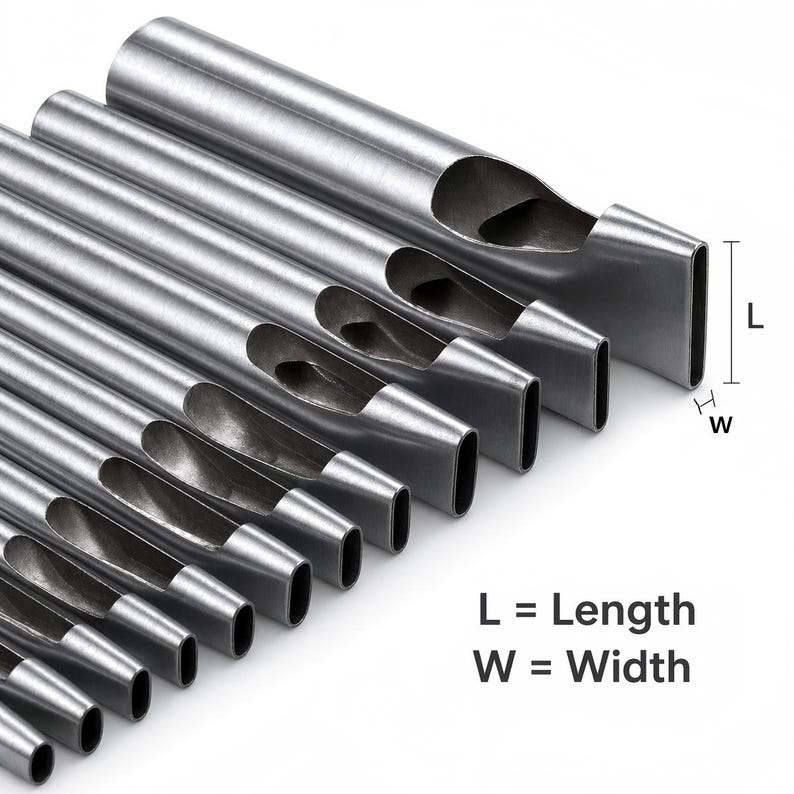 May include: A set of silver-colored, hollow metal punches with rectangular cutting ends. The tools are arranged in a diagonal row, with the text "L = Length W = Width" in the lower right corner.