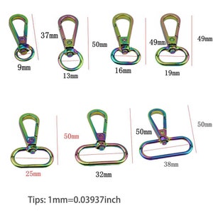 May include: Assortment of rainbow-coloured metal swivel clasps in various sizes. The clasps are 9mm, 13mm, 16mm, 19mm, 25mm, 32mm, and 38mm wide. The clasps are 37mm, 49mm, and 50mm long.  Tips: 1mm=0.03937inch
