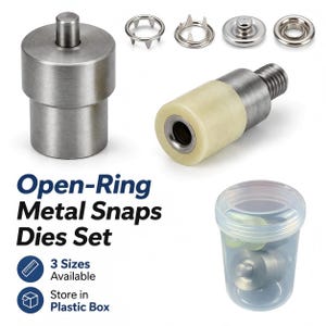 May include: A metal snap dies set with various components, including a cylindrical press, a threaded tool with a beige cylinder, and several snap pieces. The set is labeled "Open-Ring Metal Snaps Dies Set" and includes a plastic storage box.