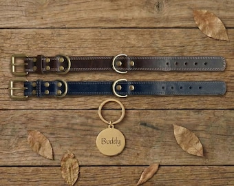 Personalized Leather Dog Collar With Free Engraved Stainless Steel Name Tag | Genuine Leather | Dog Gift