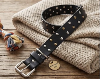 Studded Leather Dog Collar With Free Personalized Name Tag | Gift for Pet