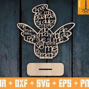 Ángel de la guarda / Decoración de soporte de madera / Bautismo Favores de bautizo de pie español / Plantilla de corte láser / Archivos de corte láser SVG CNC
