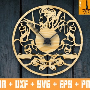 May include: A wooden clock with a barber shop theme. The clock face features a stylized image of a barber with a razor and a comb. The clock hands are black and the clock face is surrounded by a wooden frame. The clock face also includes the text "Barber Shop".