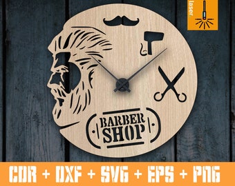 Vector cnc files of the Clock for Barber Shop - Laser cut template CNC plan cutting Watch SVG, Files for Cricut, Time Svg, Wall Clock Svg