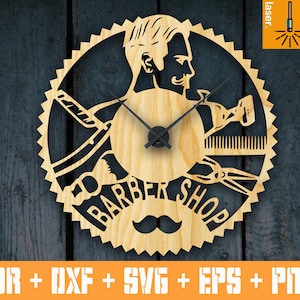 Vector file for laser cut - Clock for Barber Shop - Laser cut template CNC plan cutting Watch SVG, Files for Cricut, Time Svg,Wall Clock Svg