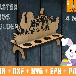 May include: Wooden Easter egg holder with a rooster, chickens, and floral design. The holder has four slots for eggs and is 4 mm thick. The text "Easter Eggs Holder" is visible on the left side of the image.