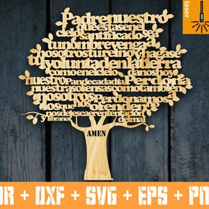 Árbol Padre Nuestro (Lords Prayer Tree in Spanish). Laser cut vector template. Vector cnc file. Layout cnc machine. Cnc files. cnc sign