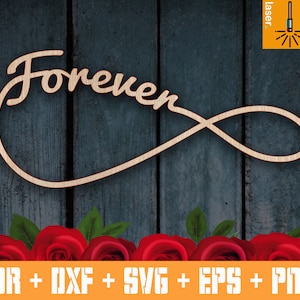 May include: A wooden sign with the word "Forever" in cursive script, integrated with an infinity symbol. The sign is light brown against a dark blue wooden background, with red roses at the bottom.