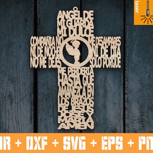 Guardian Angel Prayer Cross | Cruz Angel de la Guarda | Wood Cross Decoration | Baptism Christening Favors Spanish Prayer Laser cut template