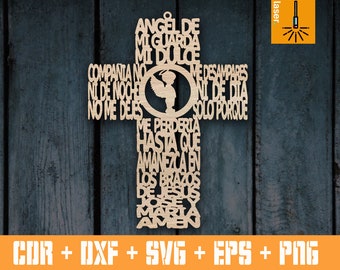 Guardian Angel Prayer Cross | Cruz Angel de la Guarda | Wood Cross Decoration | Baptism Christening Favors Spanish Prayer Laser cut template