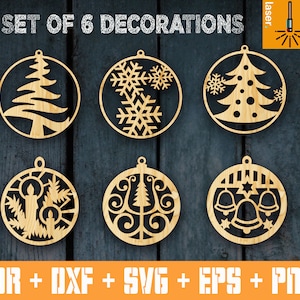 SET van 6 kerstballen voor lasergesneden | Kerstboomdecoratie | Cnc-vector kerstdecoratie | Kerstversiering | Decoratie kerstsets