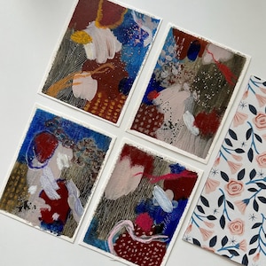 Mini conjunto original de 4 pinturas abstratas sobre tela | Acrílico e pastel a óleo | PINTADO À MÃO | paleta de cores azul, verde e marrom - arte de parede