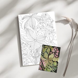 Stampa artistica botanica o scheda da colorare – Formato A4 e cartolina / Illustrazione di foglie di castagno / Stampa floreale della natura / 4 opzioni