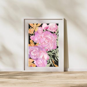 Arte original de peonía en acuarela: pintura floral A4 sobre papel / Arte mural botánico rosa / Ilustración floral única pintada a mano