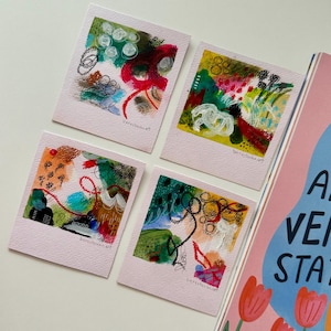 Ensemble de cartes postales d'art abstrait – 4 mini peintures originales peintes à la main à l'acrylique et au pastel à l'huile – Petit cadeau de décoration murale