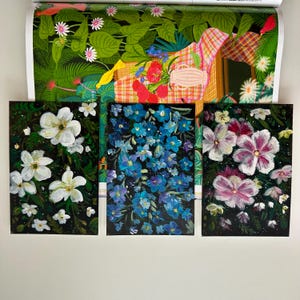 Set di 3 cartoline floreali – realizzate a mano con acrilico / dipinte ORIGINALI / Cartoline dipinte a mano per gli amanti dei fiori / Fiori su sfondo nero