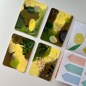 Lot de 4 mini-cartes postales d'art abstrait – Acrylique vert/jaune original et pastel à l'huile | Petites cartes-cadeaux d'inspiration botanique peintes à la main