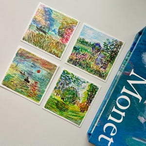 Ensemble d'oeuvres d'art Claude Monet - 4 mini-cartes postales peintes à la main (10 x 10 cm) - Répliques originales au pastel à l'huile - Cadeau pour les amateurs d'art, décoration murale