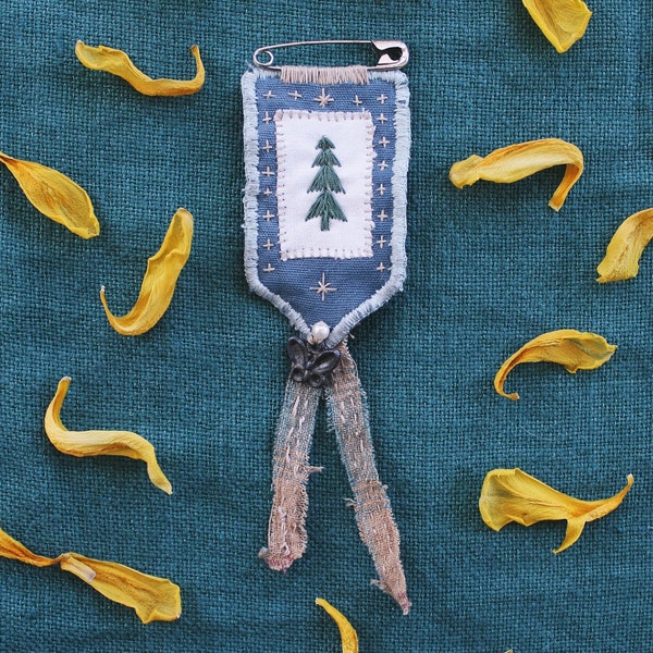 Green and Blue Embroided Spruce Tree Hand-Stitched Folk Brooch