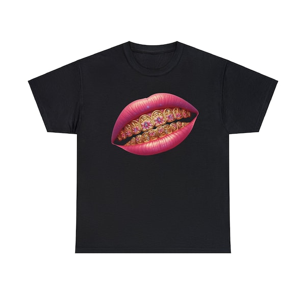 Grillz Gang T Shirt Pink Lips with Gold Grillz Fashion Cotton T Shirt