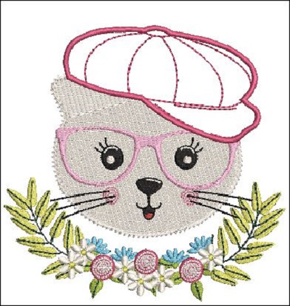 Broderie Chat A Lunette Avec Calotte En Applique Fichier Etsy