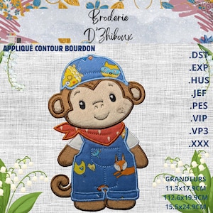 Pode incluir: Aplique bordado com um macaco de desenho animado usando boné azul e macacão. O macaco tem uma bandana vermelha e está sorrindo. Inclui o texto "Broderie D'Zhiboux" e "APPLIQUÉ CONTOUR BOURDON". Medidas: 11.3x17.9cm, 12.6x19.9cm e 15.5x24.9cm.