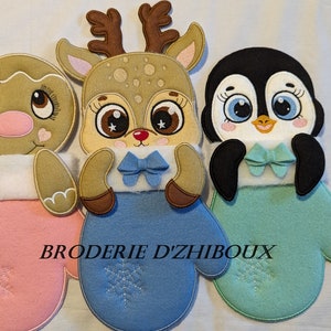 Mitten Reindeer, Penguin, Gingerbread, ith, file for embroidery machine, digital, size: each mitten 29x15cm wide