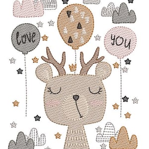 Deer with balloon and star, embroidery file, 2 sizes