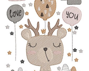 Deer with balloon and star, embroidery file, 2 sizes