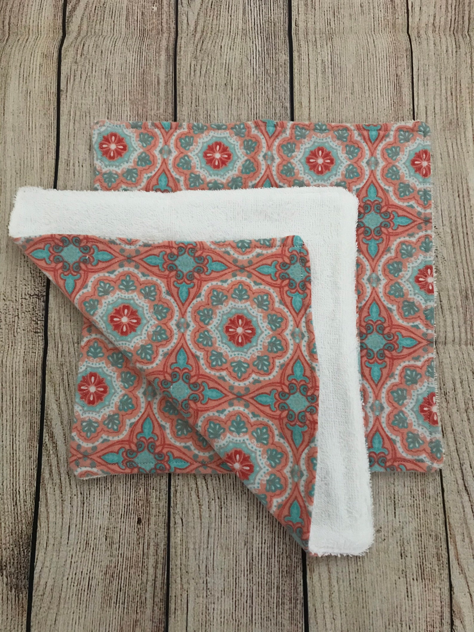 Coral and Teal Print Hooded Towel and Wash Cloths Etsy