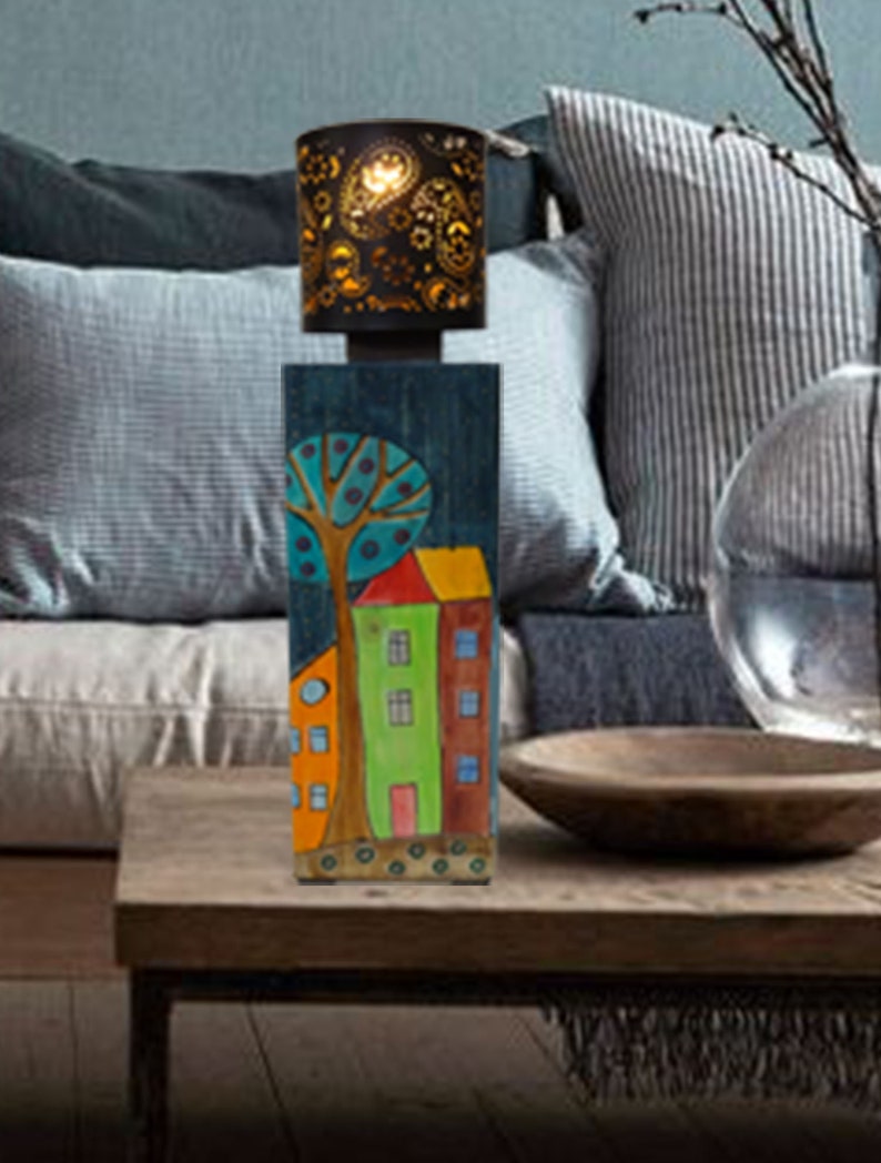 Little Houses Painted On Wooden Base Of Table Lamp Bedside Lamp Night Light For Home Deco Handmade Light Fixture For Housewarming Gift Art
