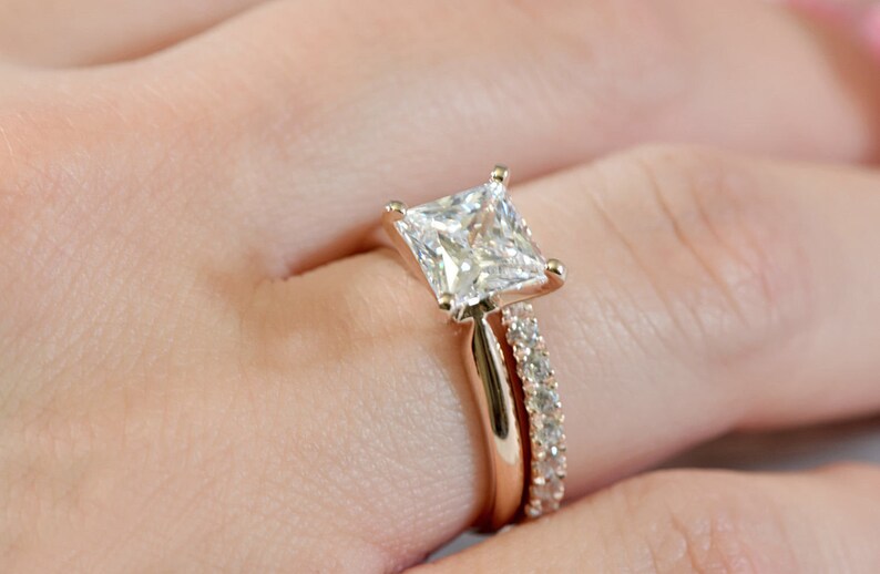 Princess Cut Simulated Diamond Engagement Ring and Matching Band in 14k Rose gold Plated Sterling Silver Wedding Bridal Set