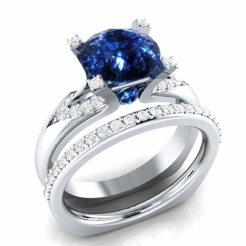3.20Ct Blue Round Cut Simulated Diamond Engagement Wedding Ring 14k White Gold Over Sterling Silver