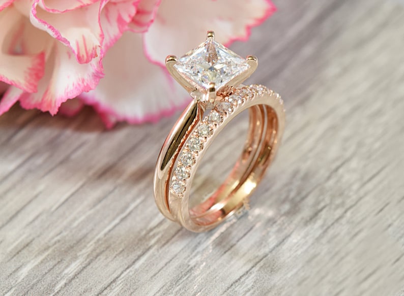 Princess Cut Simulated Diamond Engagement Ring and Matching Band in 14k Rose gold Plated Sterling Silver Wedding Bridal Set