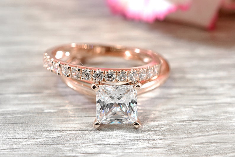Princess Cut Simulated Diamond Engagement Ring and Matching Band in 14k Rose gold Plated Sterling Silver Wedding Bridal Set