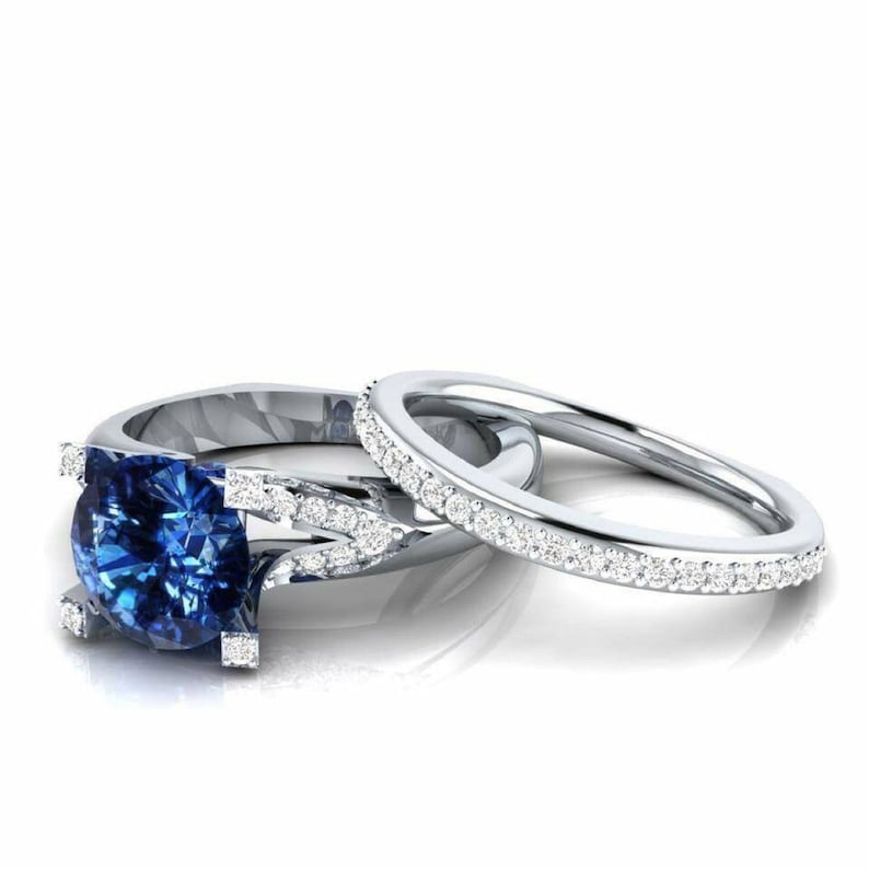 3.20Ct Blue Round Cut Simulated Diamond Engagement Wedding Ring 14k White Gold Over Sterling Silver