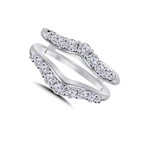 Pave Set Solitaire Enhancer White Blue Diamond Ring Guard Wrap 14k White Gold FN