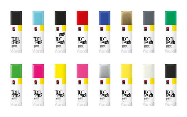 May include: A set of 16 fabric spray paint bottles in various colors, including black, white, red, blue, green, yellow, pink, and silver. The bottles are labeled "Textil Design" and "Marak".