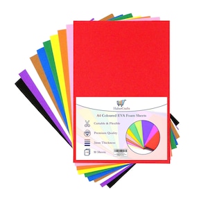 May include: A pack of 10 A4-sized sheets of 2mm thick, colourful EVA foam. The foam sheets are cuttable and flexible, making them ideal for crafting projects. The colours include black, purple, white, brown, blue, yellow, orange, pink, green, and red.