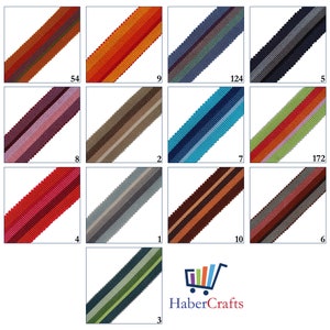 May include: A collection of 10 different striped ribbon samples. The ribbons are all 2.5 cm wide and are available in a variety of colours, including red, blue, green, brown, and grey. The ribbons are perfect for crafting, decorating, and adding a touch of colour to any project.