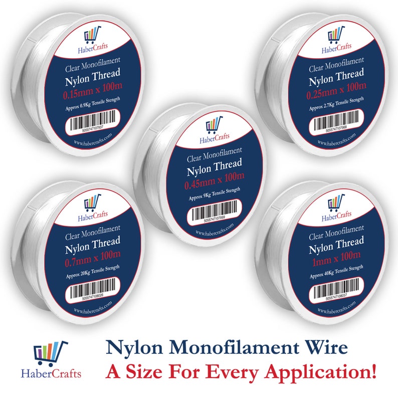 May include: Five spools of clear nylon monofilament thread in different sizes. The spools are labeled with the thread diameter and length, as well as the approximate tensile strength. The text on the spools reads "Clear Monofilament Nylon Thread" and includes the size and length of the thread, for example, "0.15mm x 100m". The text also includes the approximate tensile strength, for example, "Approx 6.9Kg Tensile Strength". The spools are arranged in a circle on a white background. The text "Nylon Monofilament Wire A Size For Every Application!" is displayed below the spools.