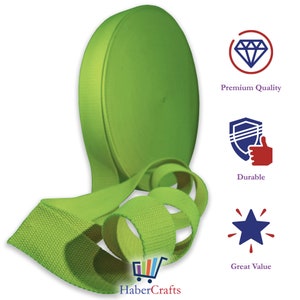 May include: A roll of bright green webbing, approximately 1 inch wide. The webbing is made of durable nylon and is perfect for a variety of crafting projects. The image also includes text that says "Premium Quality", "Durable", and "Great Value".
