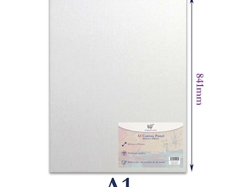 Può includere: Un pannello di tela bianca, che misura 841 mm x 594 mm, etichettato "A1 Canvas Panel" con le dimensioni 841 mm x 594 mm. Il pannello è di qualità superiore ed è preparato per oli, acrilici e tutti i media.