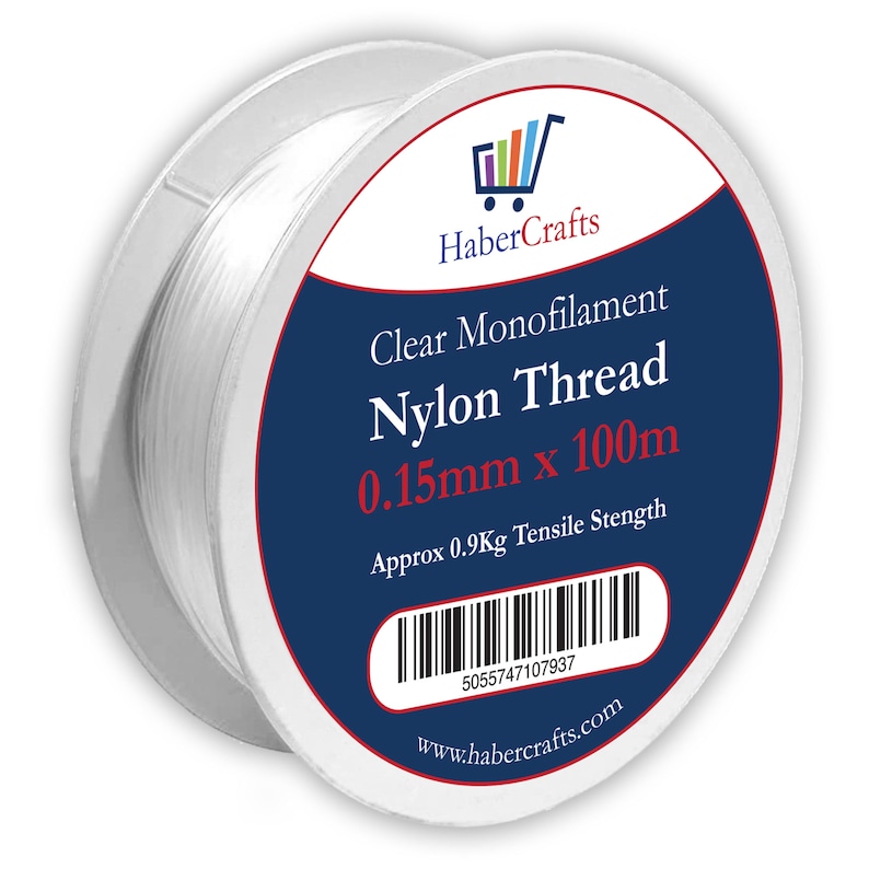 May include: A spool of clear monofilament nylon thread, 0.15mm thick and 100 meters long. The spool is labeled "Clear Monofilament Nylon Thread 0.15mm x 100m" and "Approx 0.9Kg Tensile Strength".