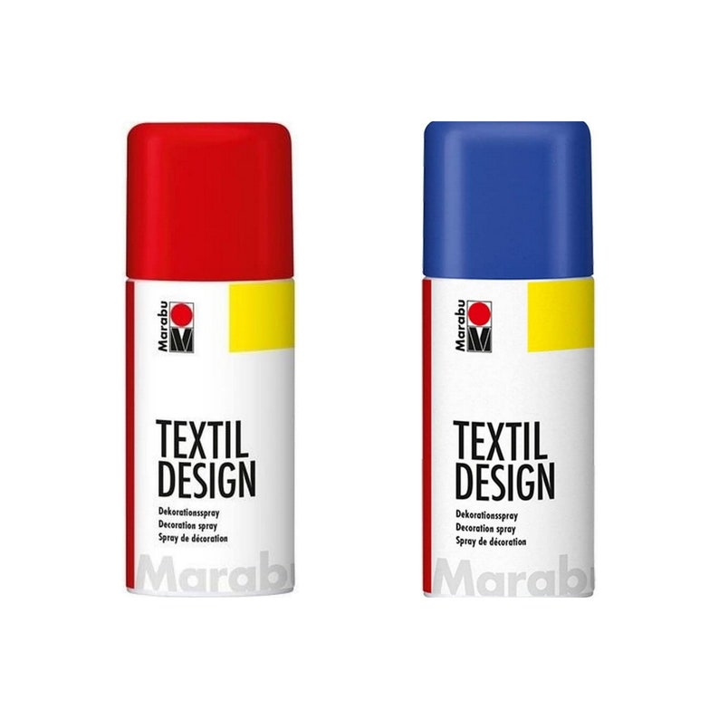 May include: Two spray paint cans, one red and one blue, with the text "TEXTIL DESIGN" and the brand name "Marabu" on the label. The cans are for fabric.