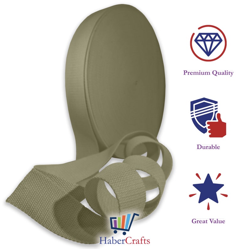 May include: A roll of khaki colored cotton webbing, 1 inch wide. The webbing is folded and rolled up. The image also includes text that says "Premium Quality", "Durable", and "Great Value".