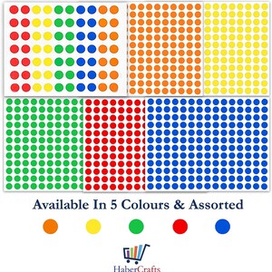 May include: Assortment of colourful round stickers in red, orange, yellow, green, and blue. Each colour is displayed in a separate sheet with a grid pattern. The text "Available In 5 Colours & Assorted" is displayed below the sheets.